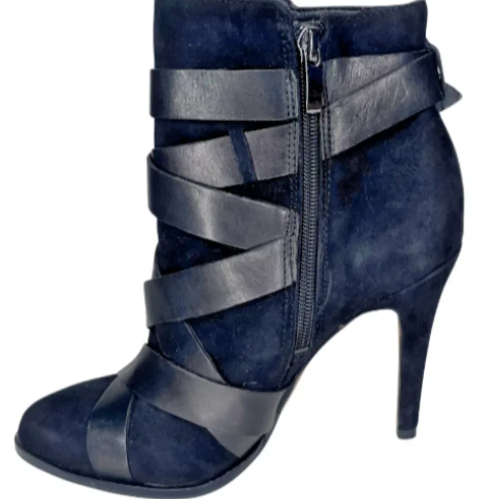 Sam Edelman Navy Suede Strappy Stiletto Ankle Booties Size 6.5